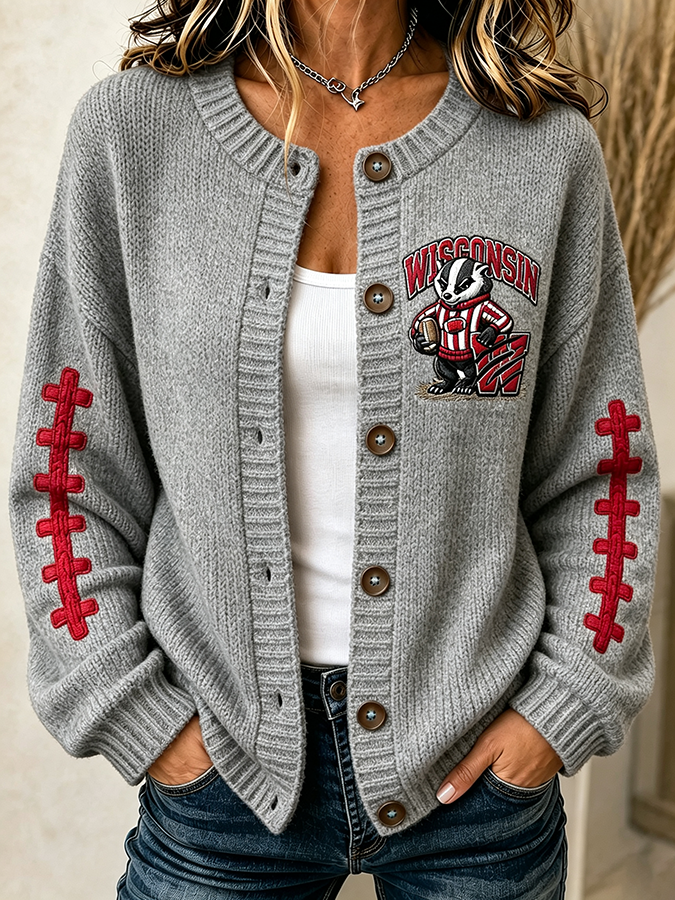 Women'S Football Printed Knitted Cardigan