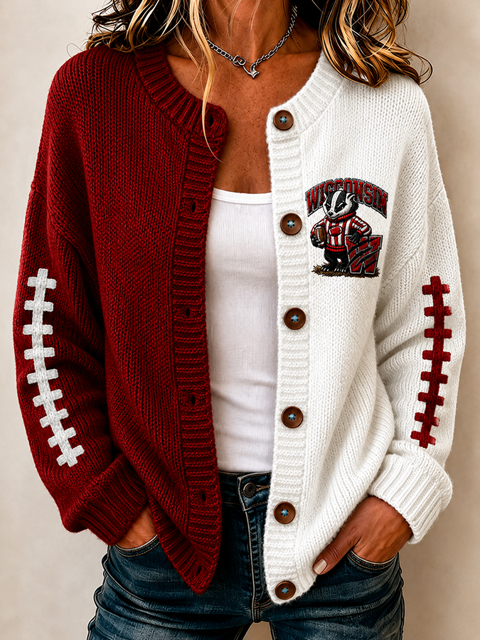 Women'S Football Printed Knitted Cardigan