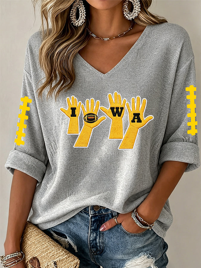 Women'S Rugby Patterned Waffle V-Neck Top