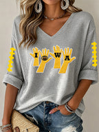 Women'S Rugby Patterned Waffle V-Neck Top