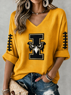 Women'S Rugby Patterned Waffle V-Neck Top
