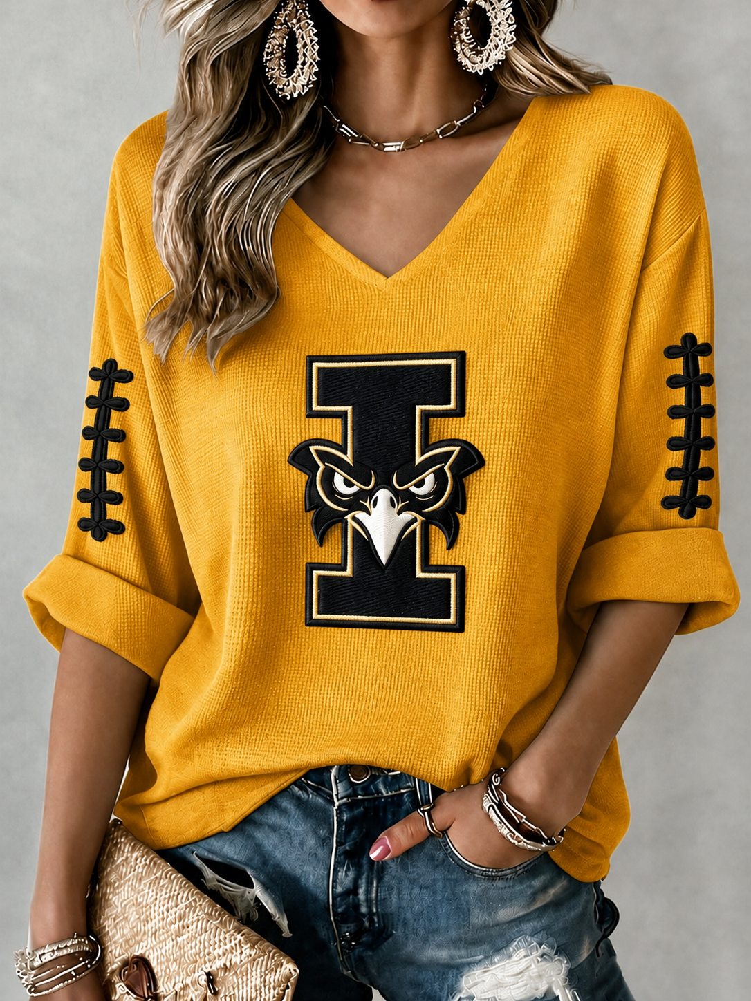 Women'S Rugby Patterned Waffle V-Neck Top