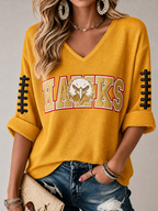 Women'S Rugby Patterned Waffle V-Neck Top