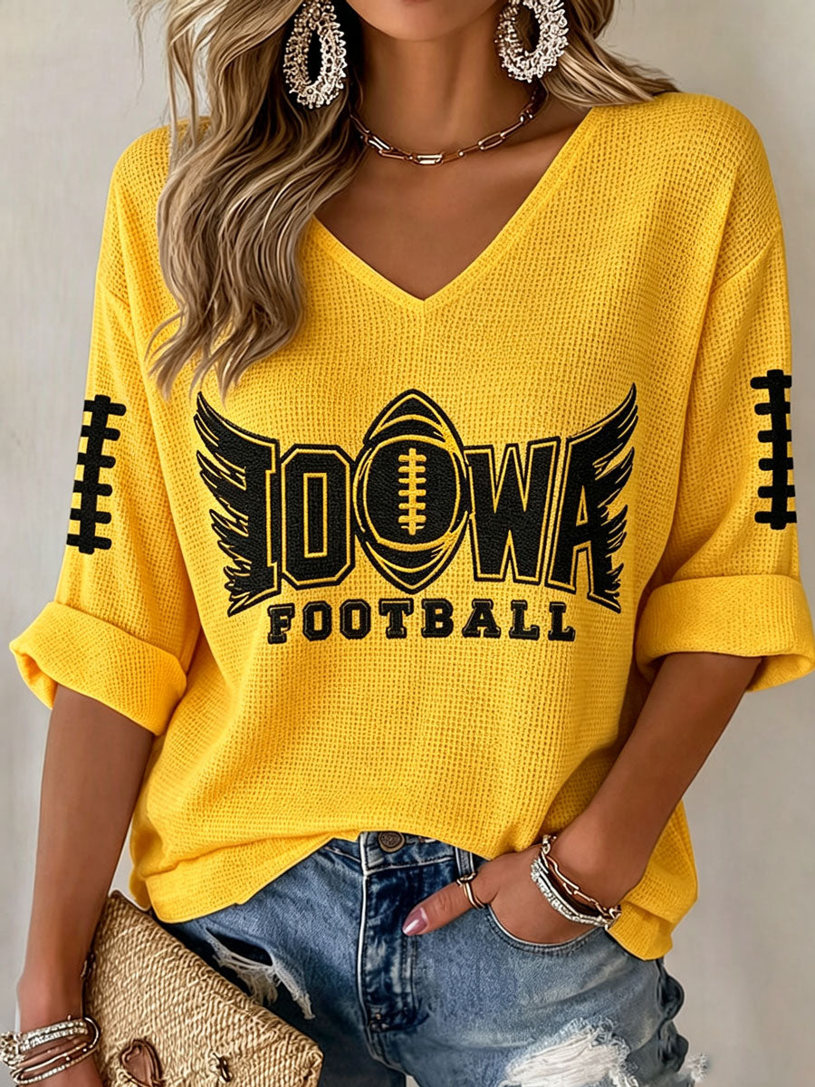 Women'S Rugby Patterned Waffle V-Neck Top