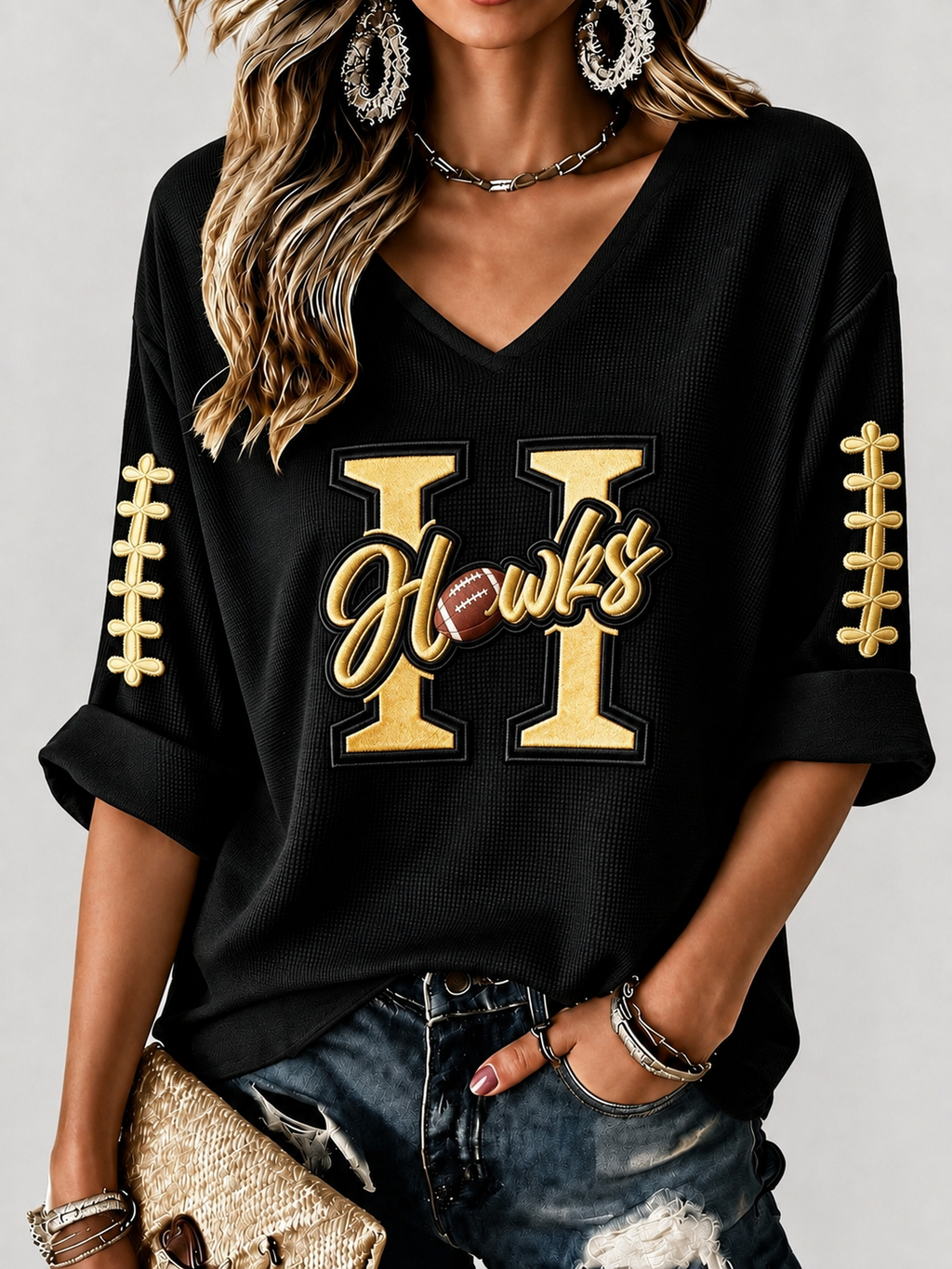 Women'S Rugby Patterned Waffle V-Neck Top