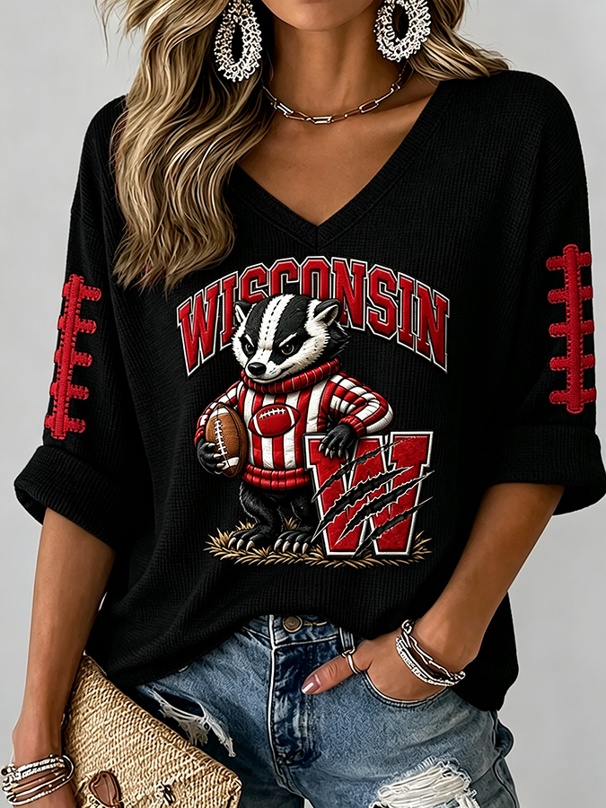 Women'S Football Print Waffle  Top