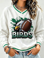 Women's Football Print V-Neck Color Block Sweatshirt