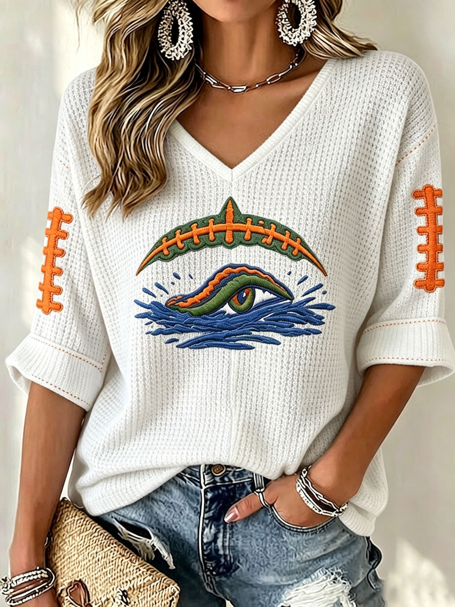 Women'S Rugby Patterned Waffle V-Neck Top