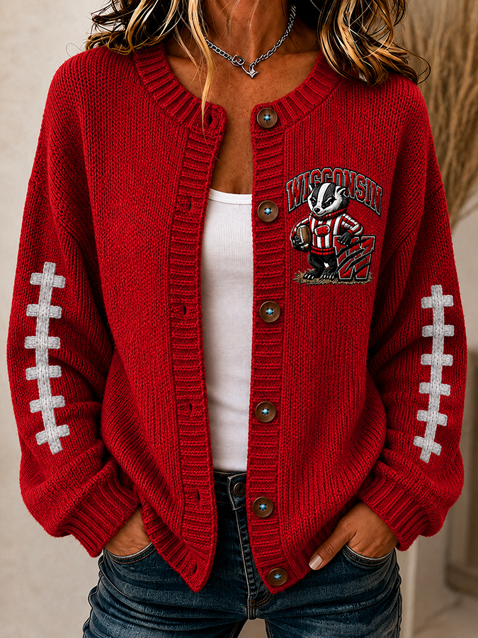 Women'S Football Printed Knitted Cardigan