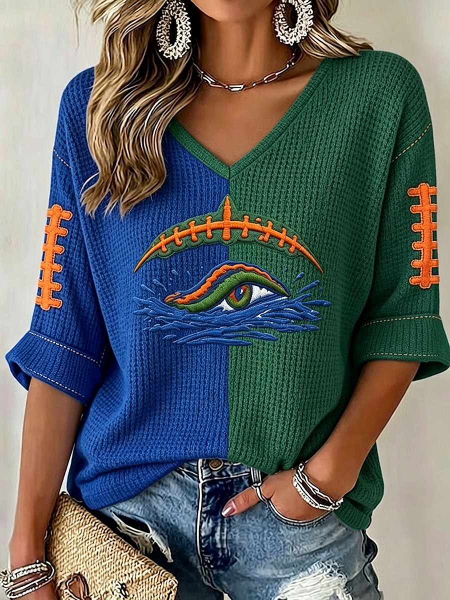 Women'S Rugby Patterned Waffle V-Neck Top