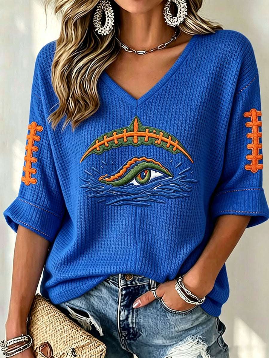 Women'S Rugby Patterned Waffle V-Neck Top