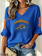Women'S Rugby Patterned Waffle V-Neck Top