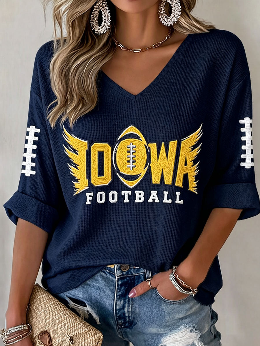 Women'S Rugby Patterned Waffle V-Neck Top