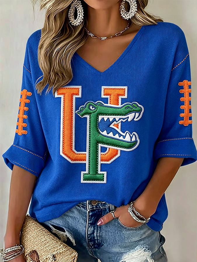 Women'S Rugby Patterned Waffle V-Neck Top