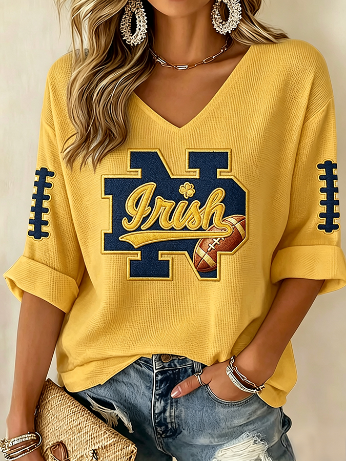 Women'S Rugby Patterned Waffle V-Neck Top