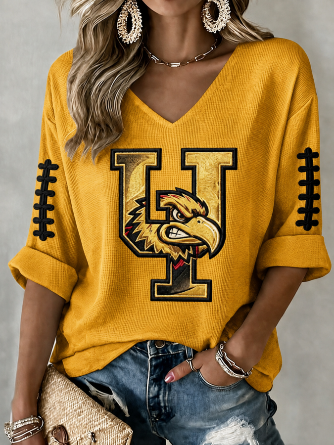 Women'S Rugby Patterned Waffle V-Neck Top
