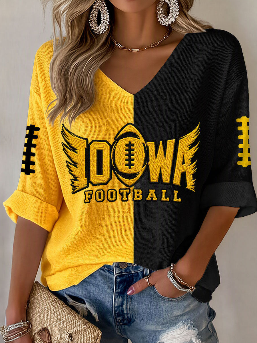 Women'S Rugby Patterned Waffle V-Neck Top