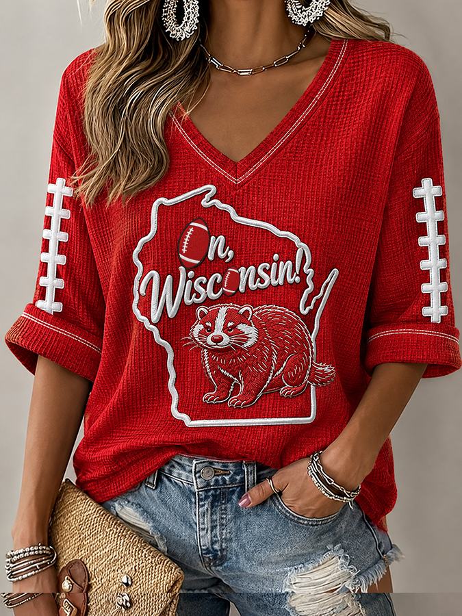 Women'S Football Print Waffle  Top