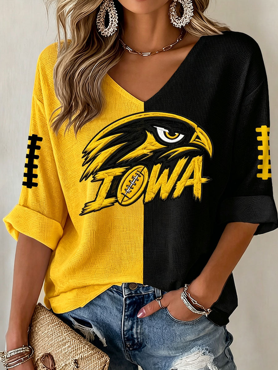 Women'S Rugby Patterned Waffle V-Neck Top