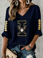 Women'S Rugby Patterned Waffle V-Neck Top