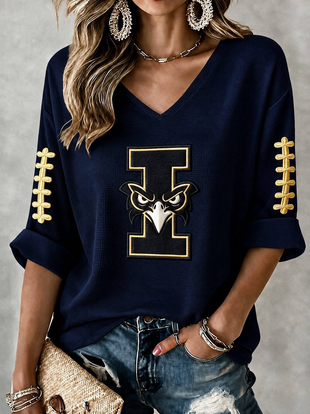 Women'S Rugby Patterned Waffle V-Neck Top