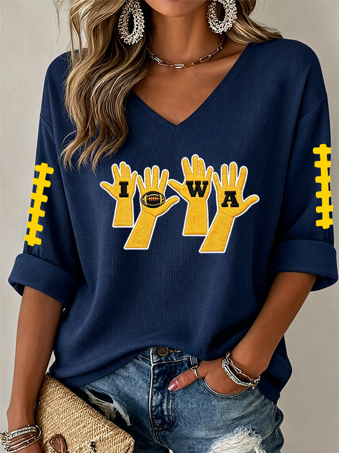 Women'S Rugby Patterned Waffle V-Neck Top