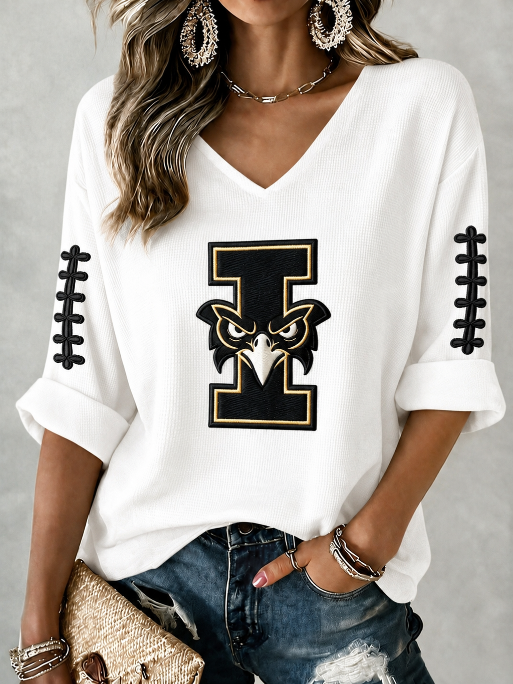 Women'S Rugby Patterned Waffle V-Neck Top