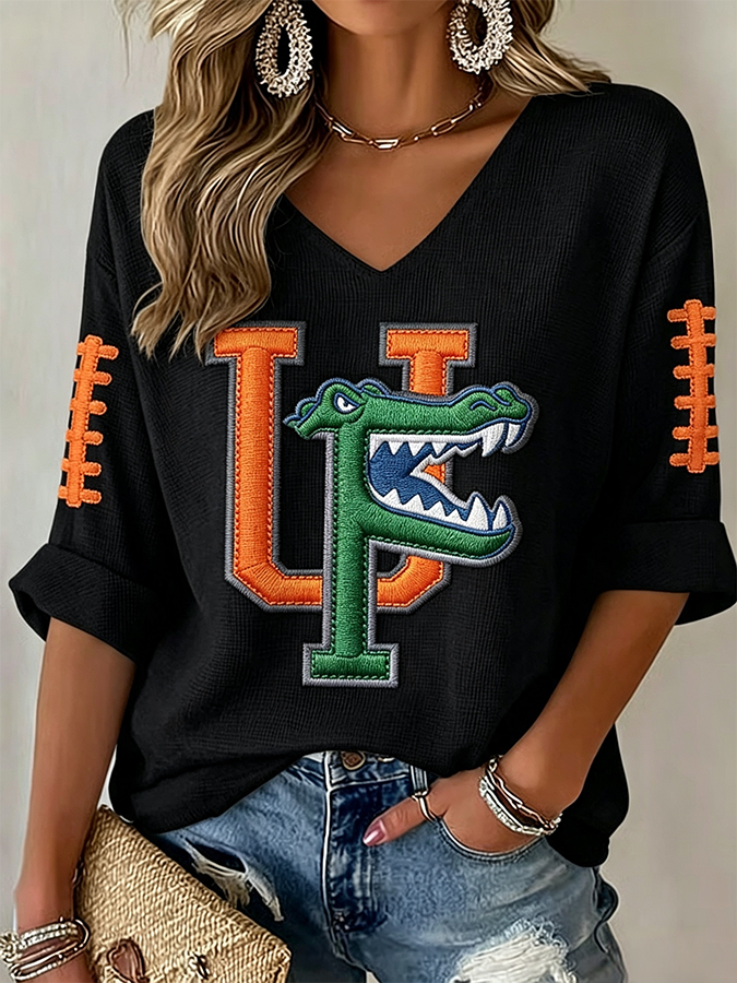 Women'S Rugby Patterned Waffle V-Neck Top