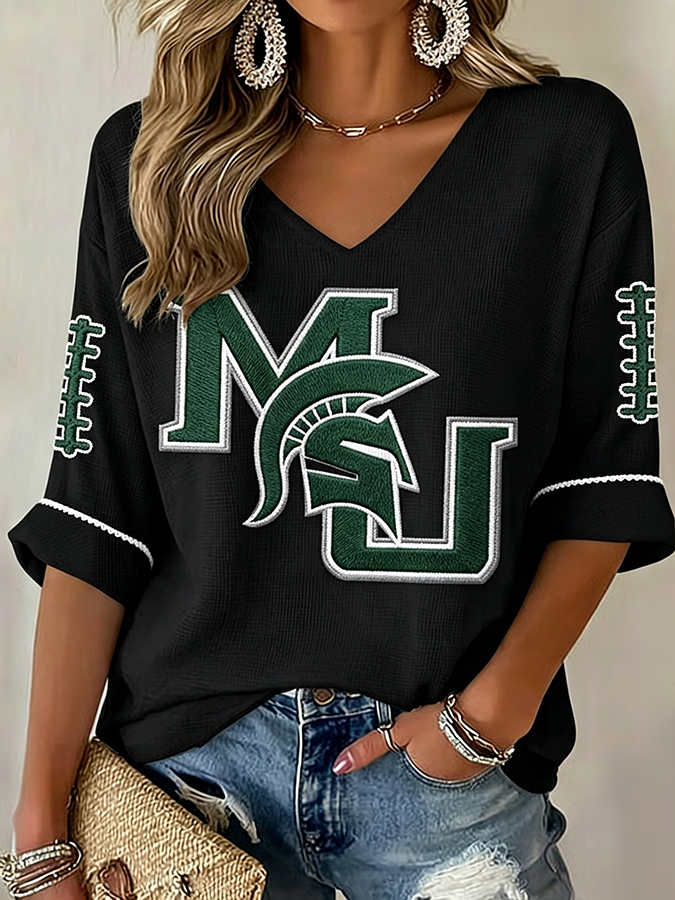 Women'S Rugby Patterned Waffle V-Neck Top