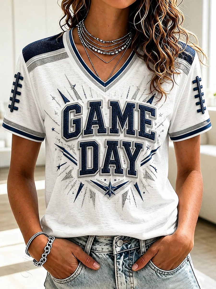 Women'S Football GAME DAY Printed V-Neck T-Shirt