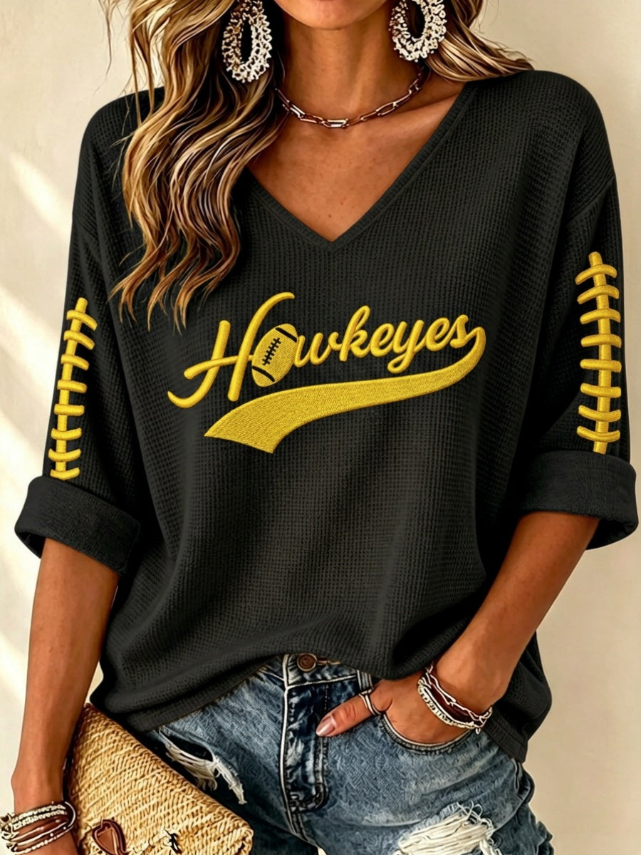 Women'S Football Print Waffle V-Neck Top
