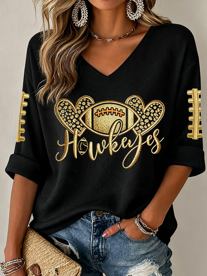 Women'S Rugby Patterned Waffle V-Neck Top