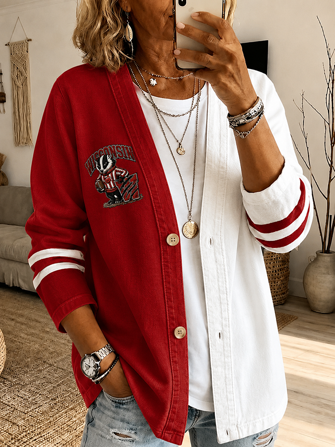 Women'S Football Print  Cardigan