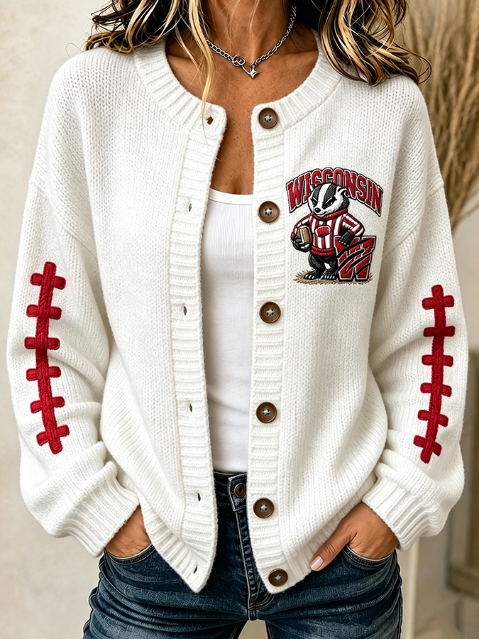 Women'S Football Printed Knitted Cardigan