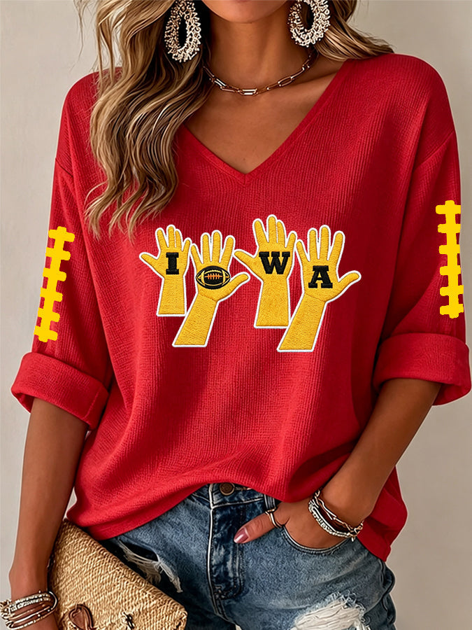 Women'S Rugby Patterned Waffle V-Neck Top