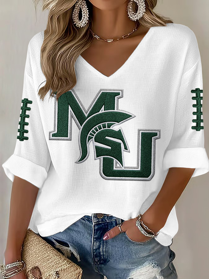 Women'S Rugby Patterned Waffle V-Neck Top