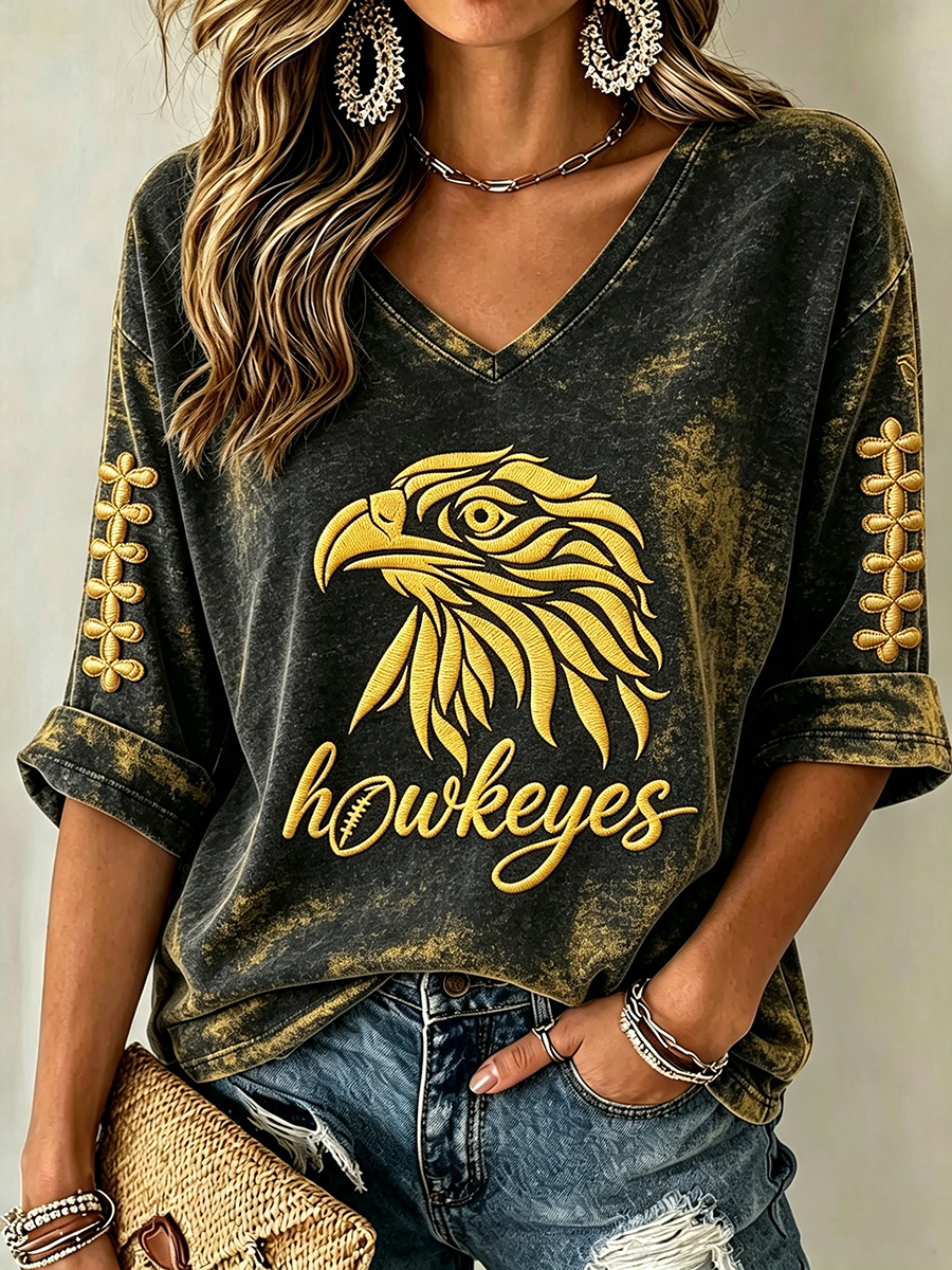 Women's Rugby Patterned Waffle V-Neck Top