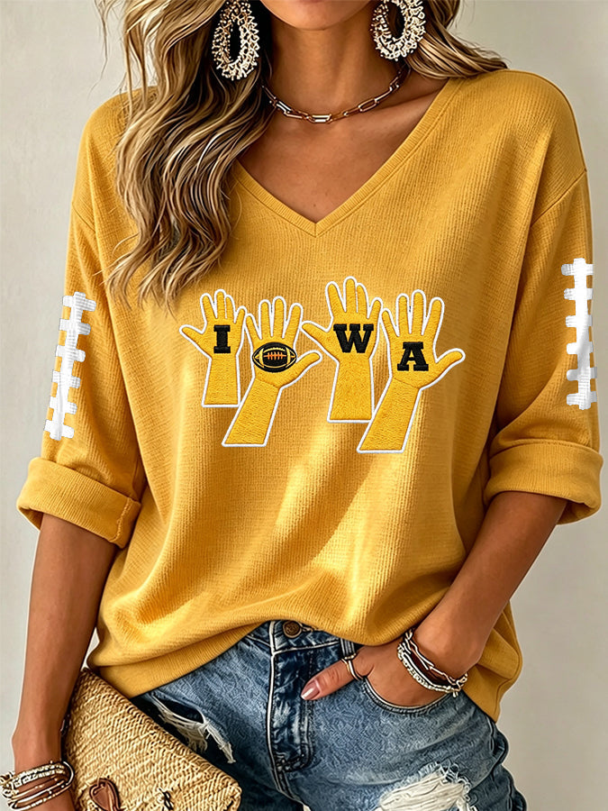 Women'S Rugby Patterned Waffle V-Neck Top