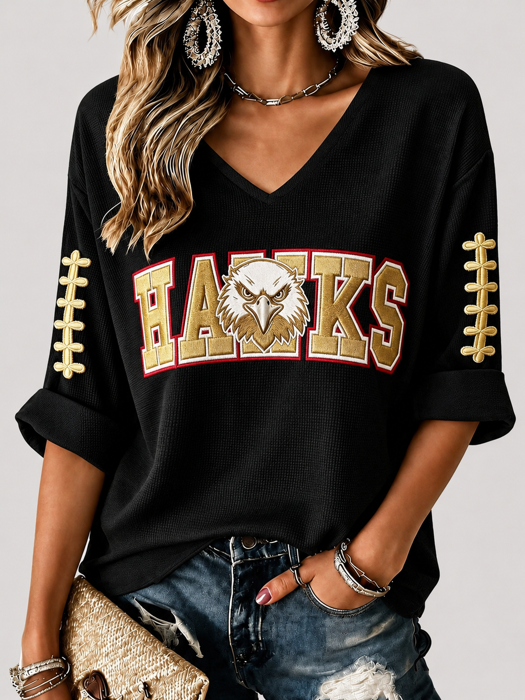 Women'S Rugby Patterned Waffle V-Neck Top