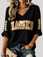 Women'S Rugby Patterned Waffle V-Neck Top