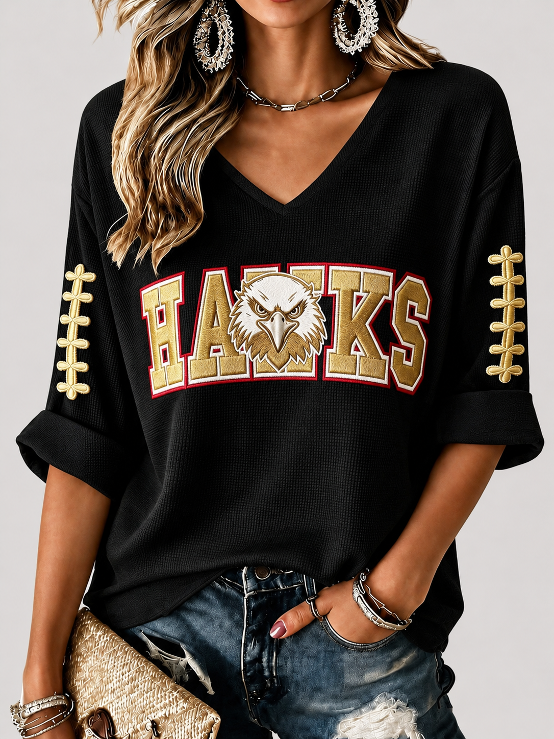 Women'S Rugby Patterned Waffle V-Neck Top