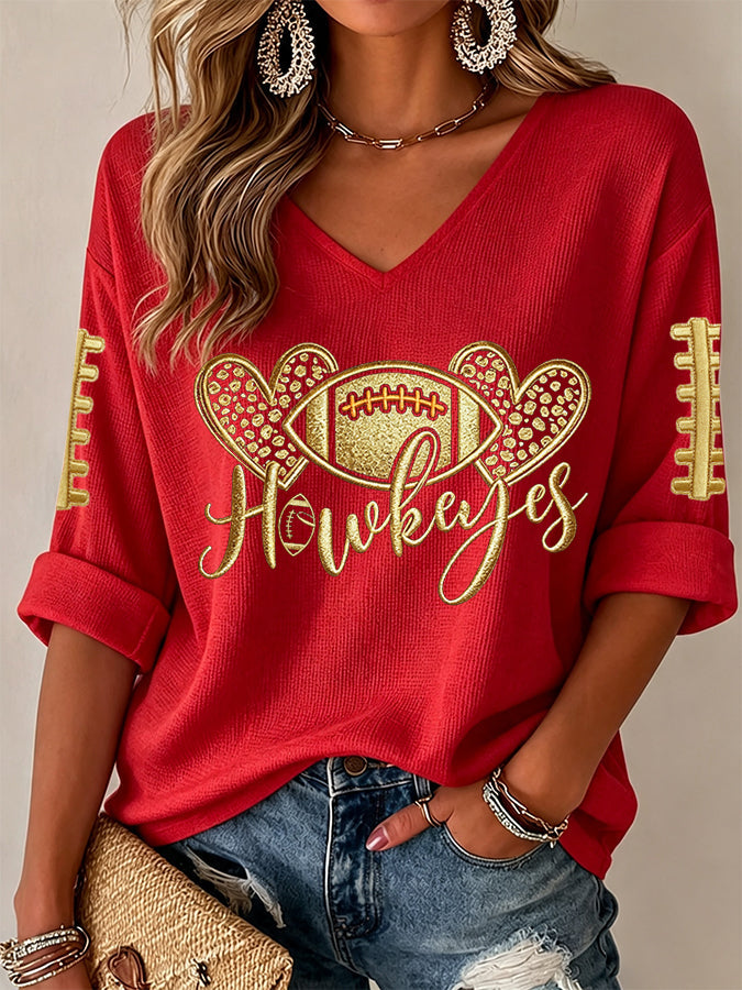 Women'S Rugby Patterned Waffle V-Neck Top
