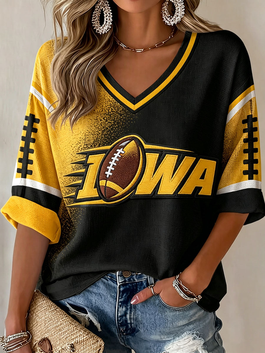 Women'S Rugby Patterned Waffle V-Neck Top