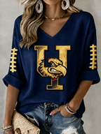 Women'S Rugby Patterned Waffle V-Neck Top