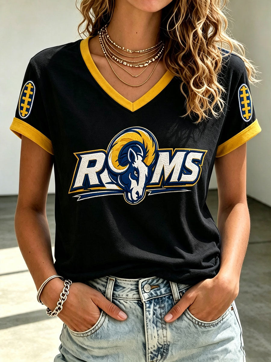 Women's Rams Football Game Print V-Neck T-Shirt