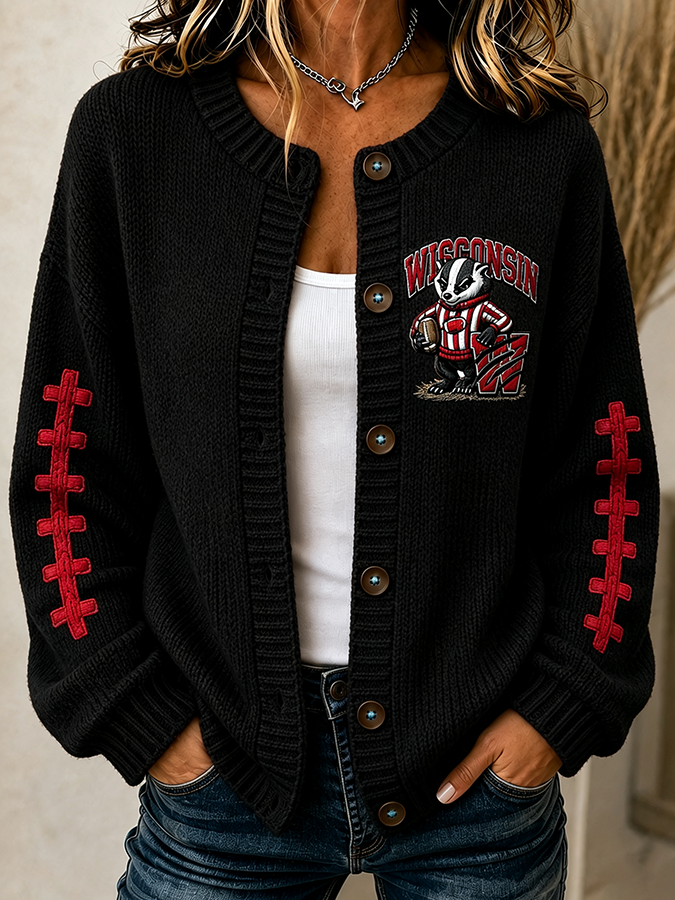 Women'S Football Printed Knitted Cardigan