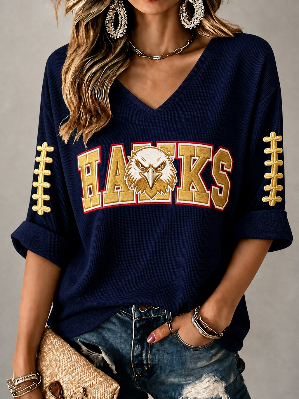 Women'S Rugby Patterned Waffle V-Neck Top