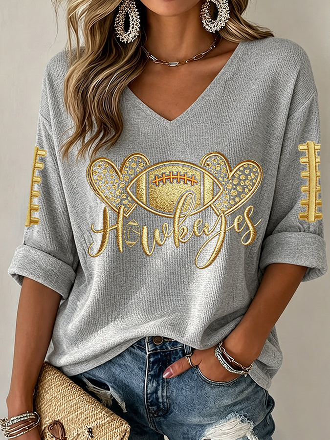 Women'S Rugby Patterned Waffle V-Neck Top