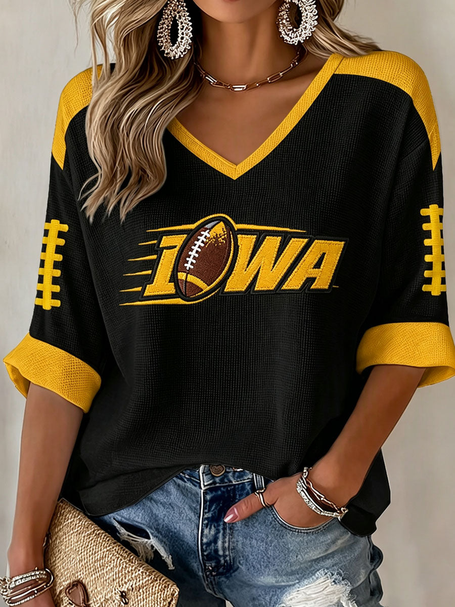 Women'S Rugby Patterned Waffle V-Neck Top