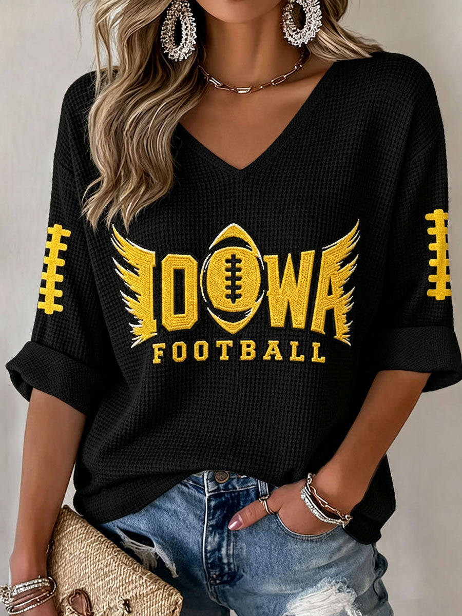 Women'S Rugby Patterned Waffle V-Neck Top